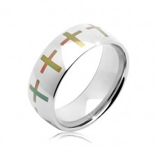 Ocelový prsten stříbrné barvy, duhové kříže po obvodu, 6 mm