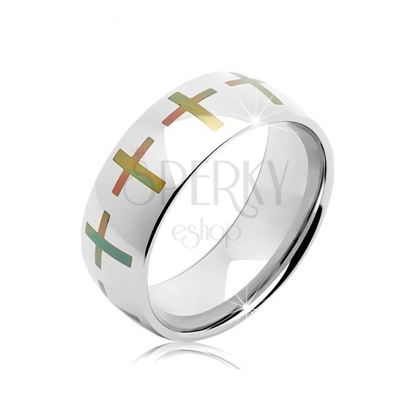 Ocelový prsten stříbrné barvy, duhové kříže po obvodu, 6 mm