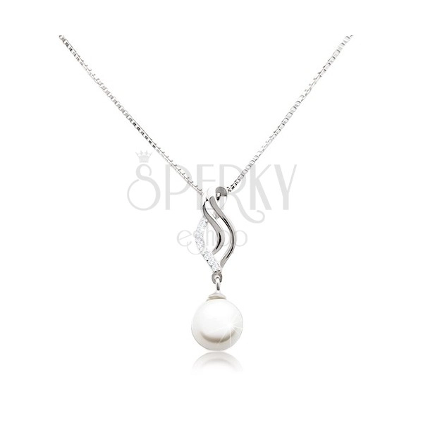 Náhrdelník ze stříbra 925, řetízek a přívěsek - zvlněný list a bílá kulatá perla