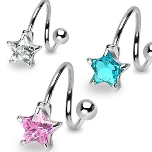 Ocelový piercing do obočí - spirálka s pěticípou zirkonovou hvězdou - Barva zirkonu: Růžová - P