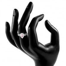 Zásnubní prsten ze stříbra 925, růžová kapka mezi dvěma liniemi zirkonků