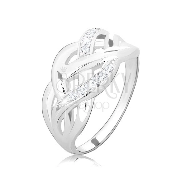 Stříbrný prsten 925, propletené hladké a zirkonové linie, vysoký lesk