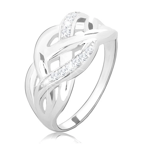 Stříbrný prsten 925, propletené hladké a zirkonové linie, vysoký lesk - Velikost: 66