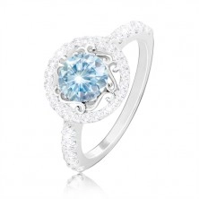 Stříbrný 925 prsten - světle modrý zirkon, ornamenty, zirkonový kruh a ramena