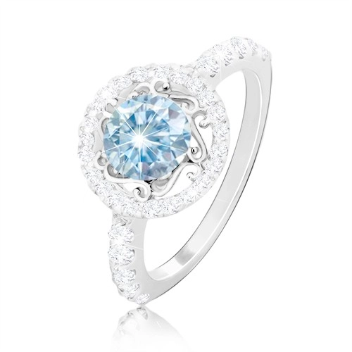 Stříbrný 925 prsten - světle modrý zirkon, ornamenty, zirkonový kruh a ramena - Velikost: 58