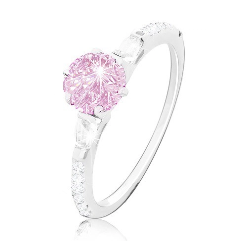 Zásnubní prsten, stříbro 925, kulatý růžový zirkon, třpytivá ramena - Velikost: 50