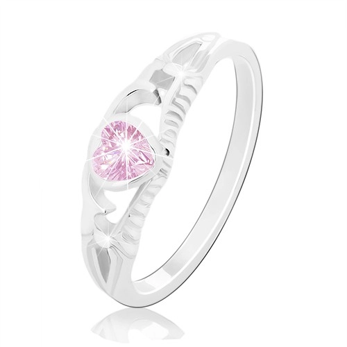 Stříbrný 925 prsten, růžové zirkonové srdce, rozdělená ramena s ornamenty - Velikost: 55