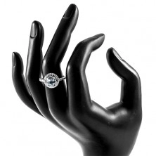 Stříbrný prsten 925 - zirkon akvamarínové barvy, ornamenty, čiré zirkonky