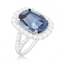 Prsten ze stříbra 925, velký broušený zirkon modré barvy s čirou obrubou