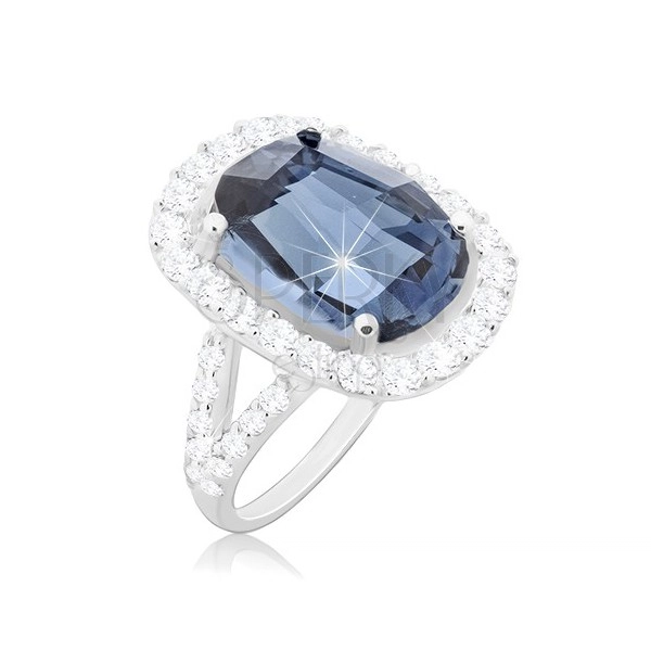 Prsten ze stříbra 925, velký broušený zirkon modré barvy s čirou obrubou