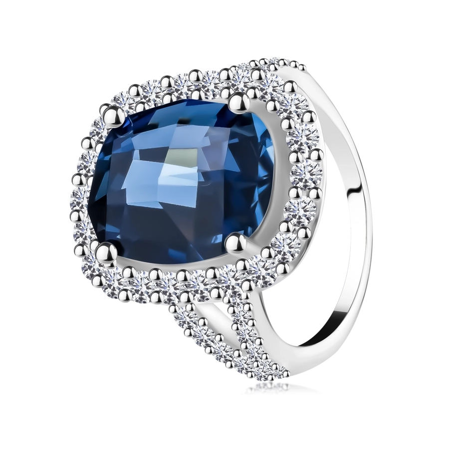 Prsten ze stříbra 925, velký broušený zirkon modré barvy s čirou obrubou - Velikost: 54