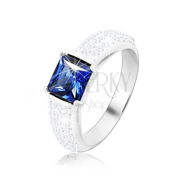 Prsten ze stříbra 925, modrý zirkonový čtverec, vypouklá třpytivá ramena