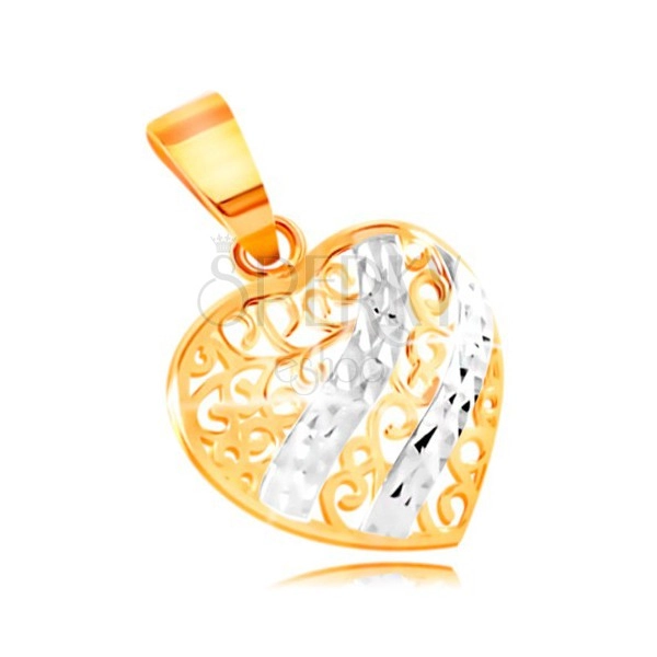 Zlatý přívěsek 585 - vypouklé srdce zdobené filigránem a vlnkami z bílého zlata