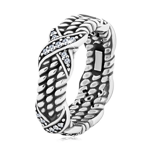 Patinovaný stříbrný prsten 925, motiv zatočeného lana, křížky se zirkony - Velikost: 55