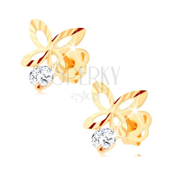Briliantové zlaté náušnice 585 - blýskavý obrys motýla, čirý diamant