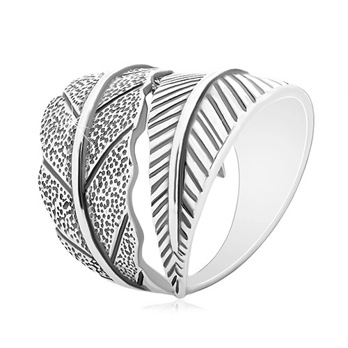 Stříbrný 925 prsten, protisměrně zahnuté velké listy, šedá patina - Velikost: 50