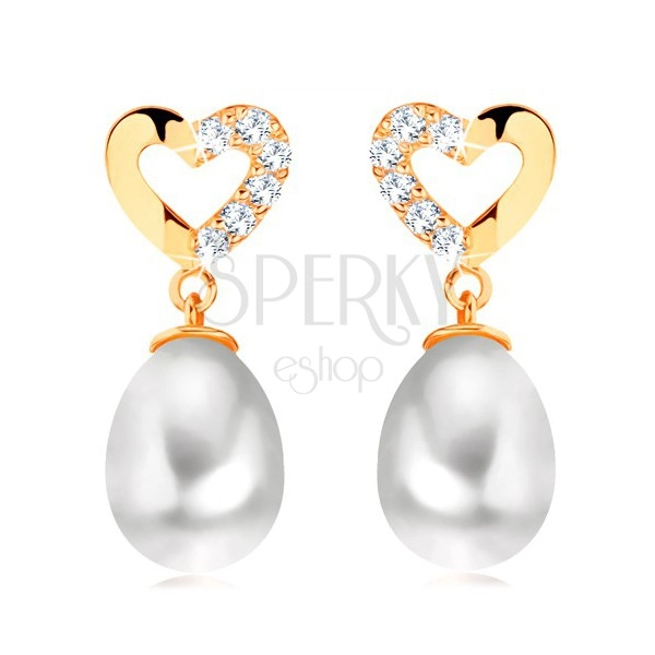 Diamantové náušnice ze žlutého 14K zlata - kontura srdce s brilianty, oválná perla