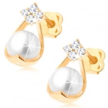 Zlaté briliantové náušnice 585 - čtyři diamanty, kontura kapky s bílou perlou