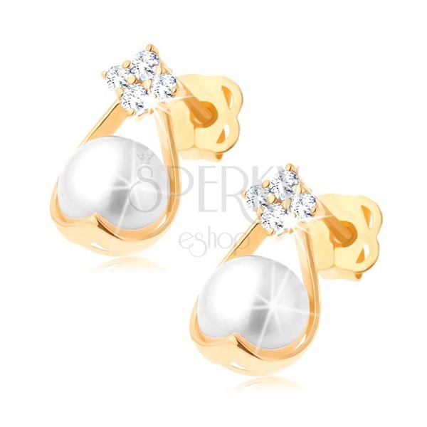 Zlaté briliantové náušnice 585 - čtyři diamanty, kontura kapky s bílou perlou