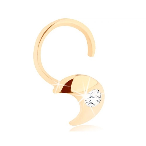 Levně Diamantový zlatý piercing do nosu 585 - zahnutý, srpek měsíce s briliantem