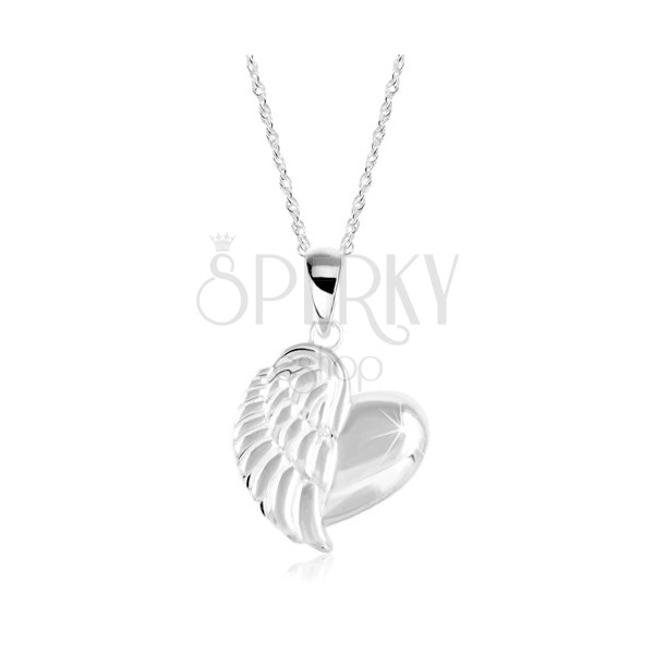 Stříbrný náhrdelník 925, lesklé srdce s andělským křídlem, zatočený řetízek