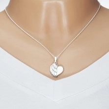 Stříbrný náhrdelník 925, lesklé srdce s andělským křídlem, zatočený řetízek