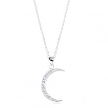Stříbrný 925 náhrdelník, lesklý řetízek, úzký srpek měsíce vykládaný zirkony