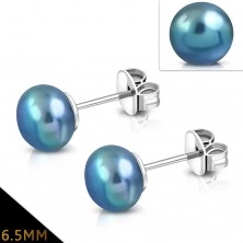 Náušnice z oceli 316L stříbrné barvy s modrošedou perleťovou kuličkou, 6,5 mm