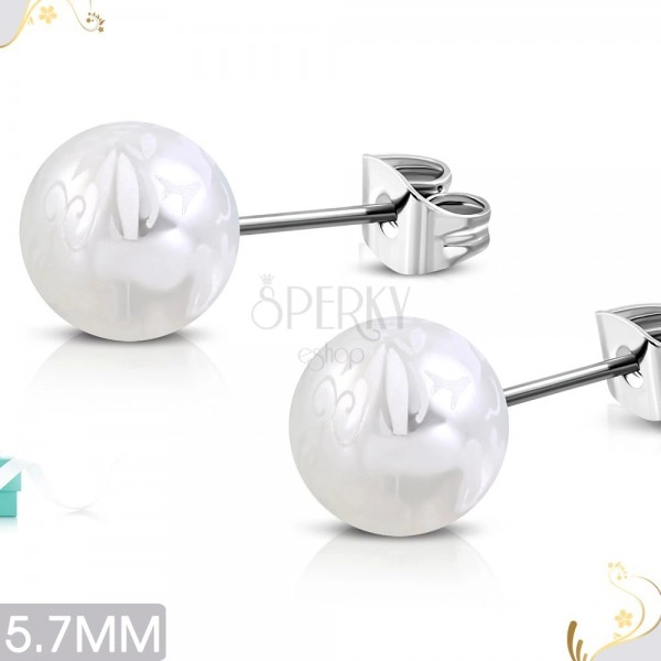 Náušnice z chirurgické oceli, perleťově bílé kuličky s bílým motivem květů
