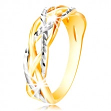 Prsten ze 14K zlata - dvoubarevné, zvlněné a propletené linie, zářezy
