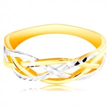 Prsten ze 14K zlata - dvoubarevné, zvlněné a propletené linie, zářezy