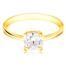 Prsten ze žlutého 14K zlata - blýskavý zirkon čiré barvy ve vyvýšeném kotlíku