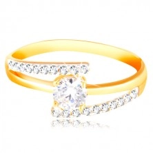 Prsten ze 14K zlata - rozdvojená ramena, vystouplý kulatý zirkon čiré barvy