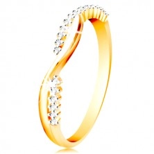 Prsten ve 14K zlatě - dvě úzké propletené vlnky - hladká a zirkonová