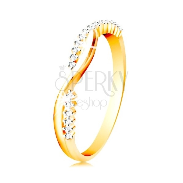 Prsten ve 14K zlatě - dvě úzké propletené vlnky - hladká a zirkonová