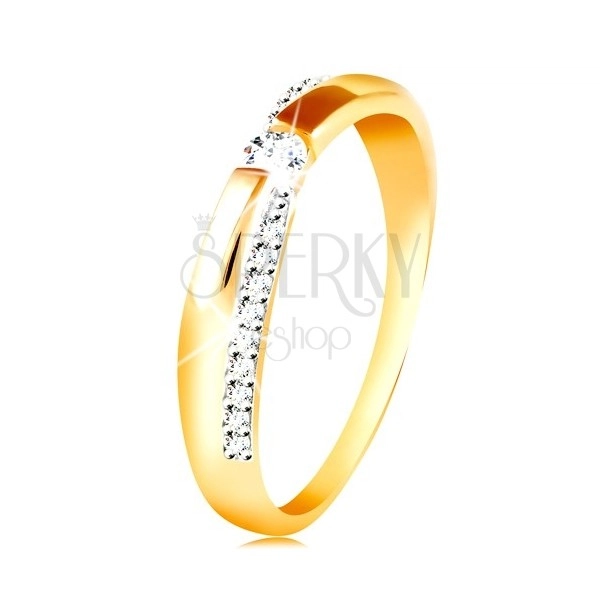 Zlatý 14K prsten - třpytivý a hladký pás, kulatý zirkon čiré barvy