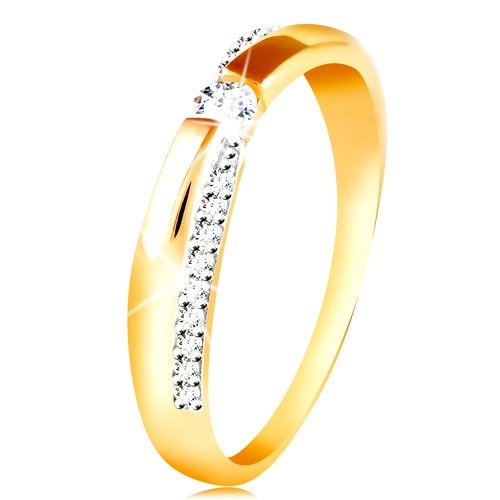 Zlatý 14K prsten - třpytivý a hladký pás, kulatý zirkon čiré barvy - Velikost: 54