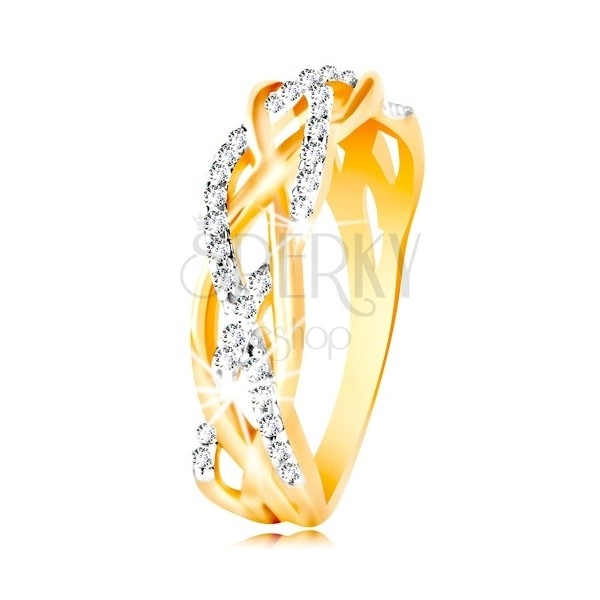 Prsten z kombinovaného 14K zlata - propletené hladké a zirkonové linie