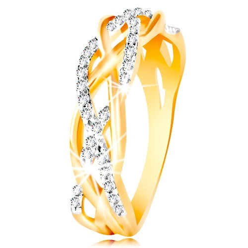 Prsten z kombinovaného 14K zlata - propletené hladké a zirkonové linie - Velikost: 56