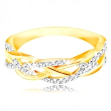 Prsten z kombinovaného 14K zlata - propletené hladké a zirkonové linie