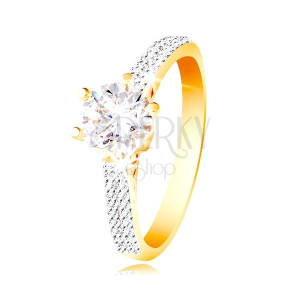 Prsten ve 14K zlatě - třpytivý čirý zirkon v ozdobném kotlíku, zirkonová ramena