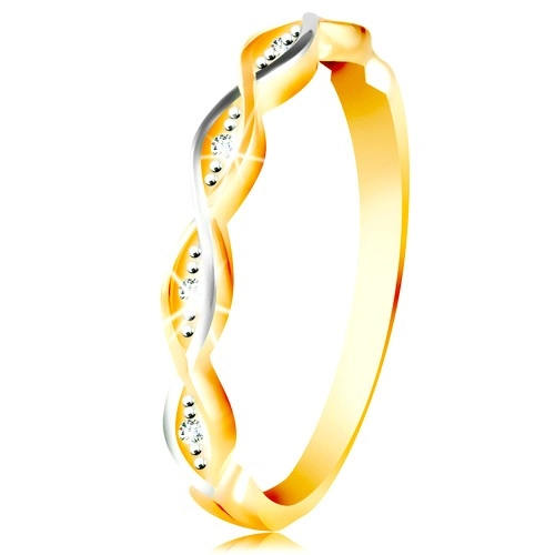 Zlatý prsten 585 - dvě tenké propletené vlnky z bílého a žlutého zlata, zirkony - Velikost: 51