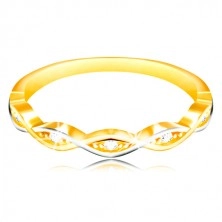 Zlatý prsten 585 - dvě tenké propletené vlnky z bílého a žlutého zlata, zirkony