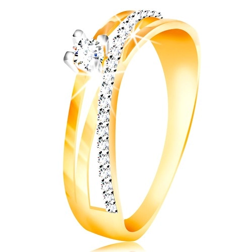 Prsten ve 14K zlatě - šikmá zirkonová linie čiré barvy, kulatý zirkon v kotlíku - Velikost: 56