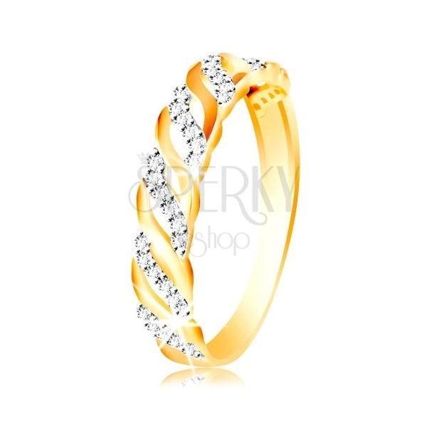 Prsten z kombinovaného zlata 585 - hladké a zirkonové vlnky