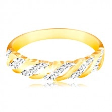 Prsten z kombinovaného zlata 585 - hladké a zirkonové vlnky