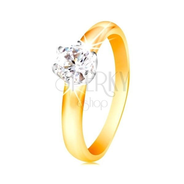 Zlatý 14K dvoubarevný prsten - čirý zirkon v šesticípém kotlíku, vypouklá ramena