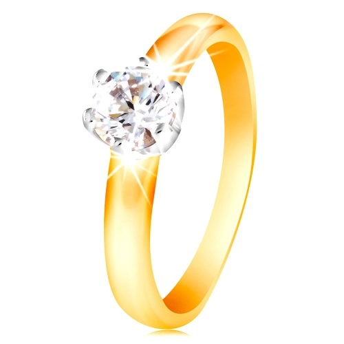 Zlatý 14K dvoubarevný prsten - čirý zirkon v šesticípém kotlíku, vypouklá ramena - Velikost: 60