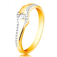 Prsten ze 14K zlata - vlnka s čirým zirkonem a třpytivými liniemi po stranách