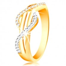 Zlatý prsten 585 - zirkonové vlnky ze žlutého a bílého zlata, rovné hladké pásy